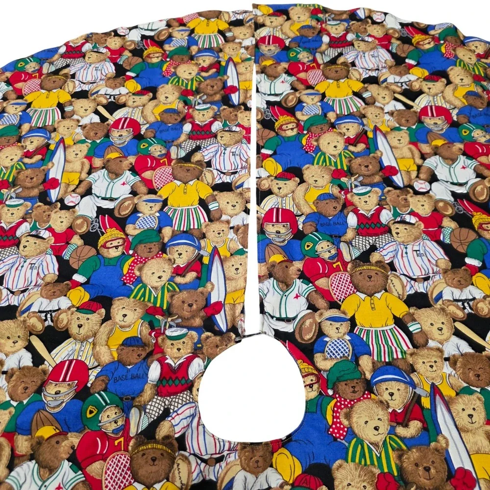 Vintage‎ Handmade Teddy Bear Sports Print Round Christmas Tree Skirt Holiday